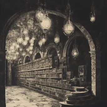 Copperplate etched depiction of a grand library holding infinite dream records, lit by mystical lanterns - Image 3