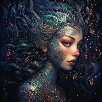 Ethereal mermaid with intricate scale body paint in a blend of pointillism and Art Nouveau - Image 4