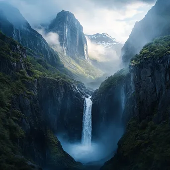 Waterfall cascading into a misty valley illuminated by morning light - Image 4