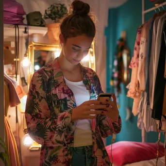 Woman trying on outfits in bedroom while shopping - Image 3