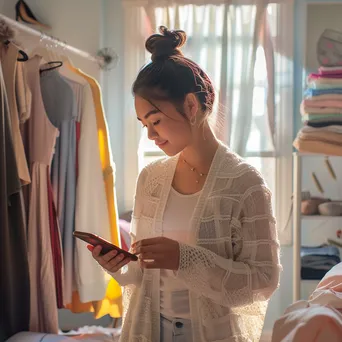 Woman trying on outfits in bedroom while shopping - Image 4