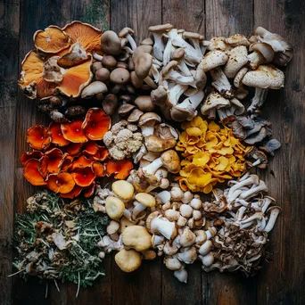 Assorted wild mushrooms on a wooden surface - Image 2