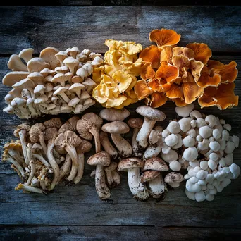 Assorted wild mushrooms on a wooden surface - Image 3