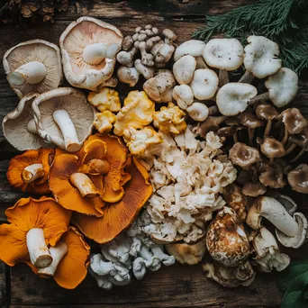 Assorted wild mushrooms on a wooden surface - Image 4