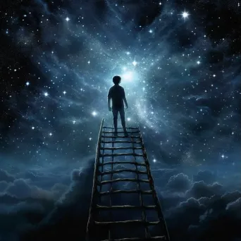 Man climbing ladder towards bright star in night sky - Image 1