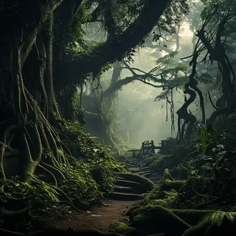 Misty jungle with ancient trees and hidden trails - Image 1