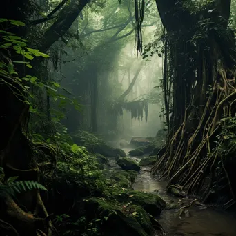 Misty jungle with ancient trees and hidden trails - Image 3