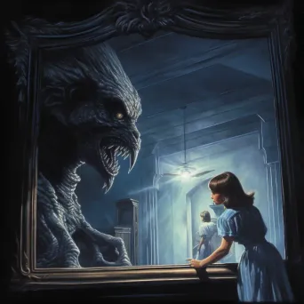 Unsuspecting victim and unseen monster reflected in a mirror - Image 3