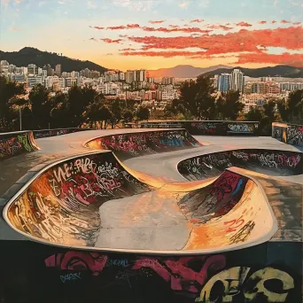 Evening skate park portrayed with a graffiti art style - Image 1