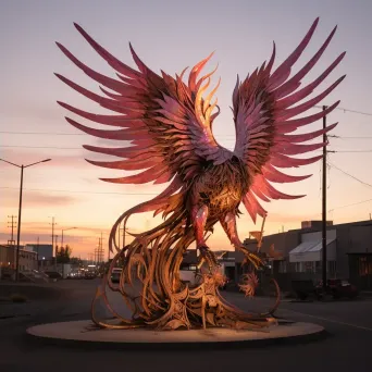 Phoenix sculpture made from scrapped cars against the rosy dawn, reflective of Street-Art culture - Image 4