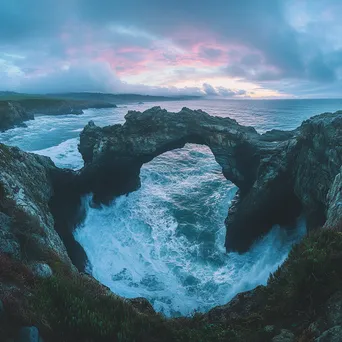 Rock arch on coast with waves at dawn - Image 1