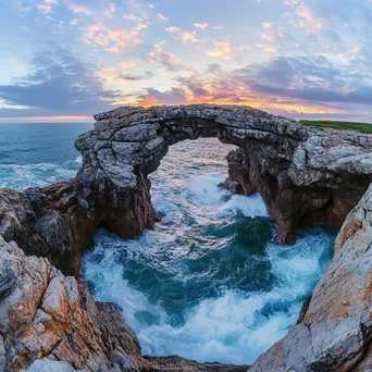 Rock arch on coast with waves at dawn - Image 2