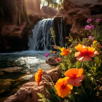 Close-up of an oasis with a waterfall and flowers - Image 1