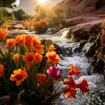 Close-up of an oasis with a waterfall and flowers - Image 3