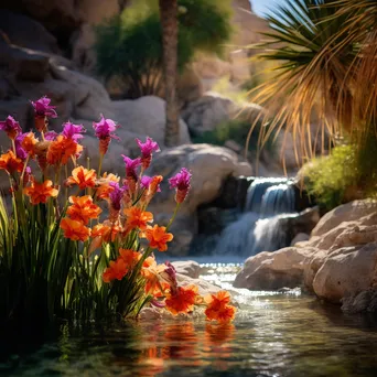 Close-up of an oasis with a waterfall and flowers - Image 4