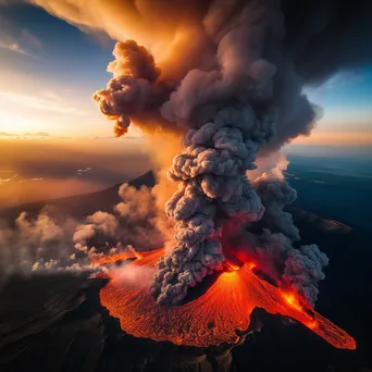 Aerial view of an erupting volcano with lava and smoke at sunrise - Image 2