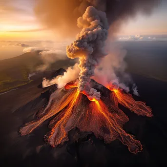 Aerial view of an erupting volcano with lava and smoke at sunrise - Image 3