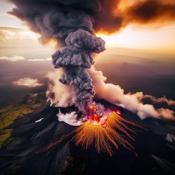 Aerial view of an erupting volcano with lava and smoke at sunrise - Image 4