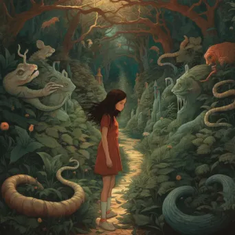 Girl walking on winding path through magical forest with fantastical creatures - Image 4