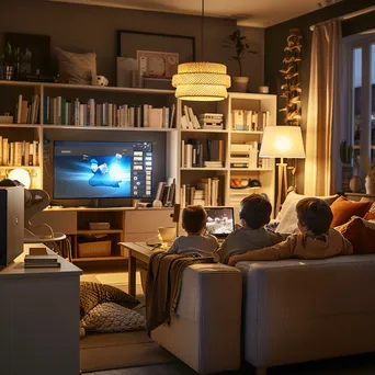 Family interacting over online learning activities in a cozy living room. - Image 4