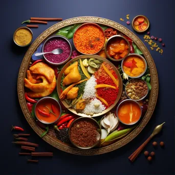 Indian Thali meal in low poly style inspired by Indian miniature paintings - Image 1