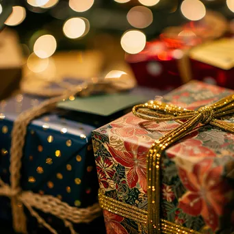 Colorful wrapped gifts with discount tags in a cozy setting. - Image 1