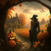 Autumn garden with falling leaves and scarecrow - Image 3