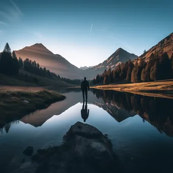 A hiker silhouette in front of a mountain lake - Image 1