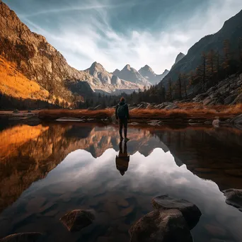 Hiker at Serene Mountain Lake