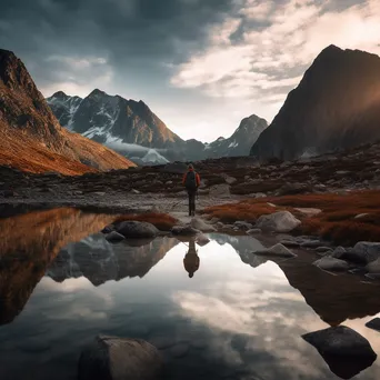 A hiker silhouette in front of a mountain lake - Image 3