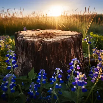 Large ancient tree stump surrounded by blue wildflowers at sunset - Image 2