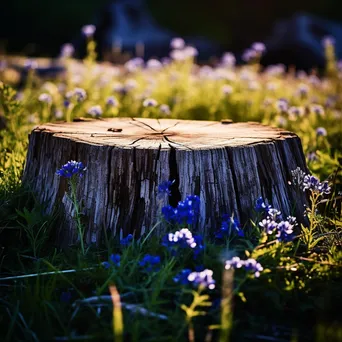 Large ancient tree stump surrounded by blue wildflowers at sunset - Image 4