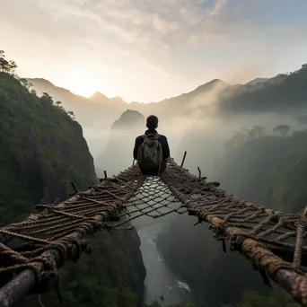 Traveler meditating on a rope bridge in misty hills - Image 2