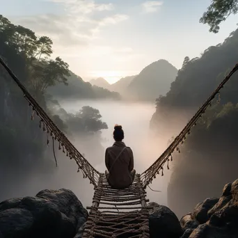 Traveler meditating on a rope bridge in misty hills - Image 3