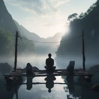 Traveler meditating on a rope bridge in misty hills - Image 4