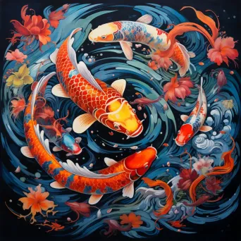 Captivating animated mural portraying koi fish swimming in vibrant waters - Image 2