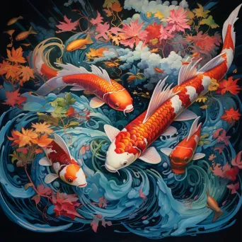 Captivating animated mural portraying koi fish swimming in vibrant waters - Image 4