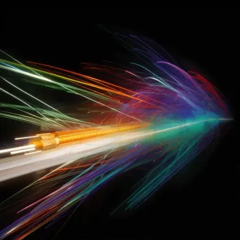 Illustration of a spacecraft traveling at light speed with a trail of pulsating, multicolored lights - Image 1