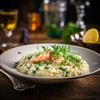 Plated gourmet seafood risotto with fresh herbs on a wooden table - Image 1