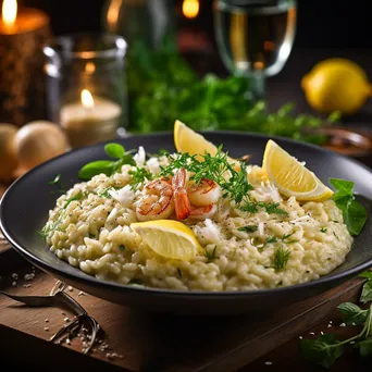 Plated gourmet seafood risotto with fresh herbs on a wooden table - Image 2