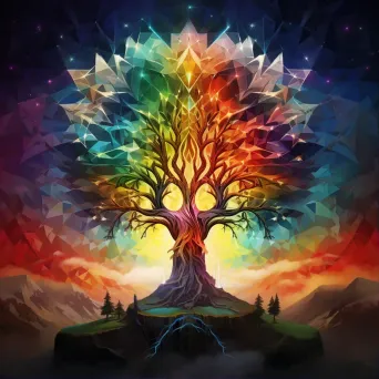 Low poly cosmic tree Yggdrasil in a spectrum of cosmic colors - Image 1