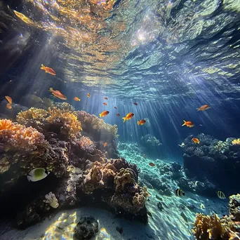 Underwater canyon filled with coral and multiple fish species. - Image 1