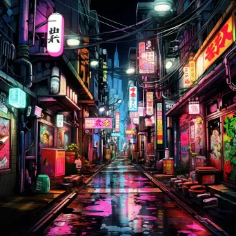 Neon-drenched Tokyo alley with various characters from different anime and manga series - Image 2