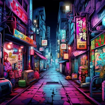 Neon-drenched Tokyo alley with various characters from different anime and manga series - Image 3