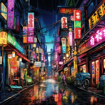 Neon-drenched Tokyo alley with various characters from different anime and manga series - Image 4