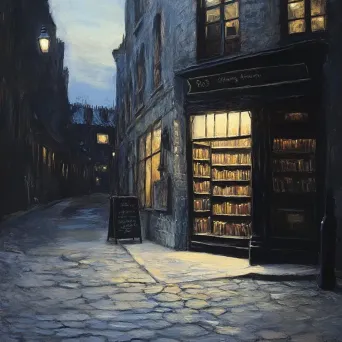 A cozy sidewalk bookstore at dusk captured in pastel drawing - Image 2