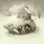 Scene of children sledding into a hidden winter village with talking snow animals - Image 1