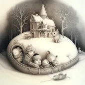 Scene of children sledding into a hidden winter village with talking snow animals - Image 3