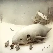 Scene of children sledding into a hidden winter village with talking snow animals - Image 4