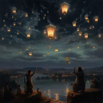 Group Releasing Lanterns in Tranquil Night Sky